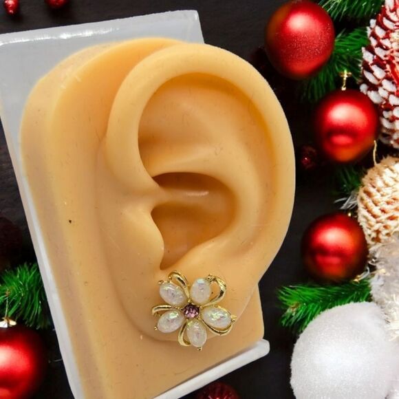 Camellia Flower Opalescent Earrings Gold Shimmer Pierced Ears Feminine Romantic - Picture 4 of 5